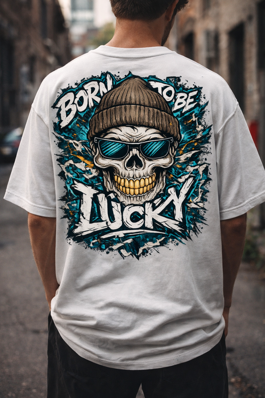 Person wearing a white t-shirt with a graphic design of a skull and text on the back.