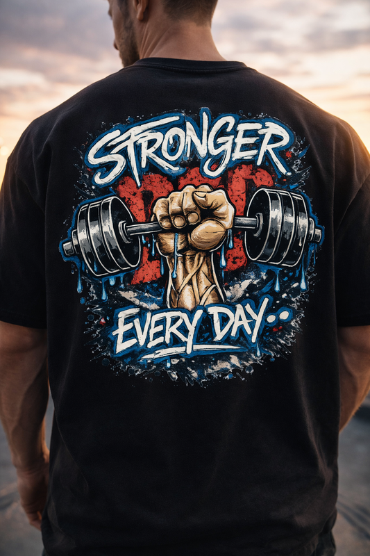 Person wearing a black t-shirt with a graphic design of a fist holding a barbell and text 'Stronger Every Day' on the back.
