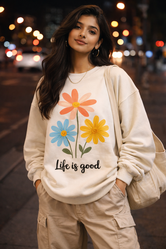 Woman wearing a 'Life is good' sweatshirt with colorful flowers on a city street at night.