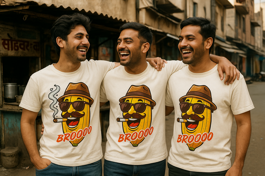 Three men wearing t-shirts with a banana character and 'BROOO' text on a street.