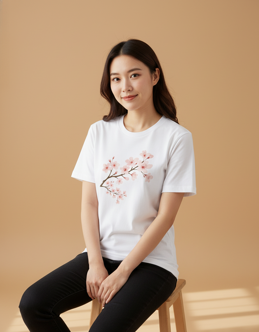Woman wearing a white t-shirt with a cherry blossom design on a beige background