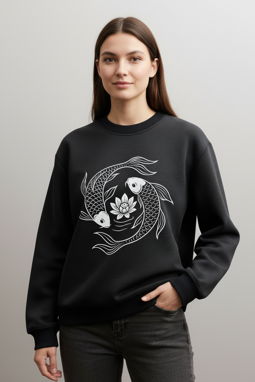Black sweatshirt with white fish and lotus design on a light gray background