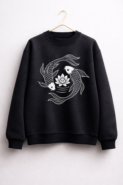 Black sweatshirt with white fish and lotus design on a white background