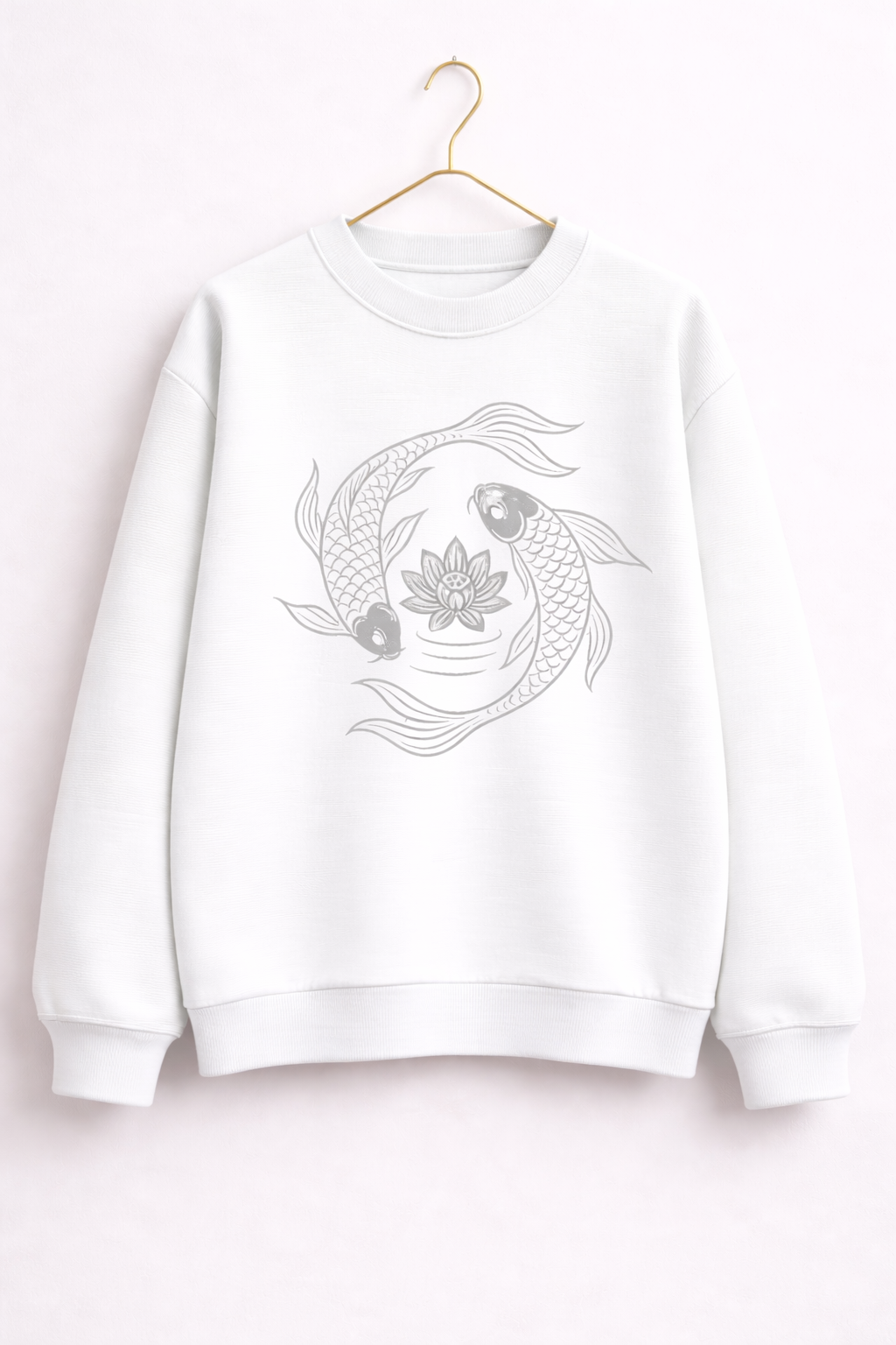White sweatshirt with a fish and lotus design on a white background