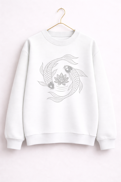 White sweatshirt with a fish and lotus design on a white background