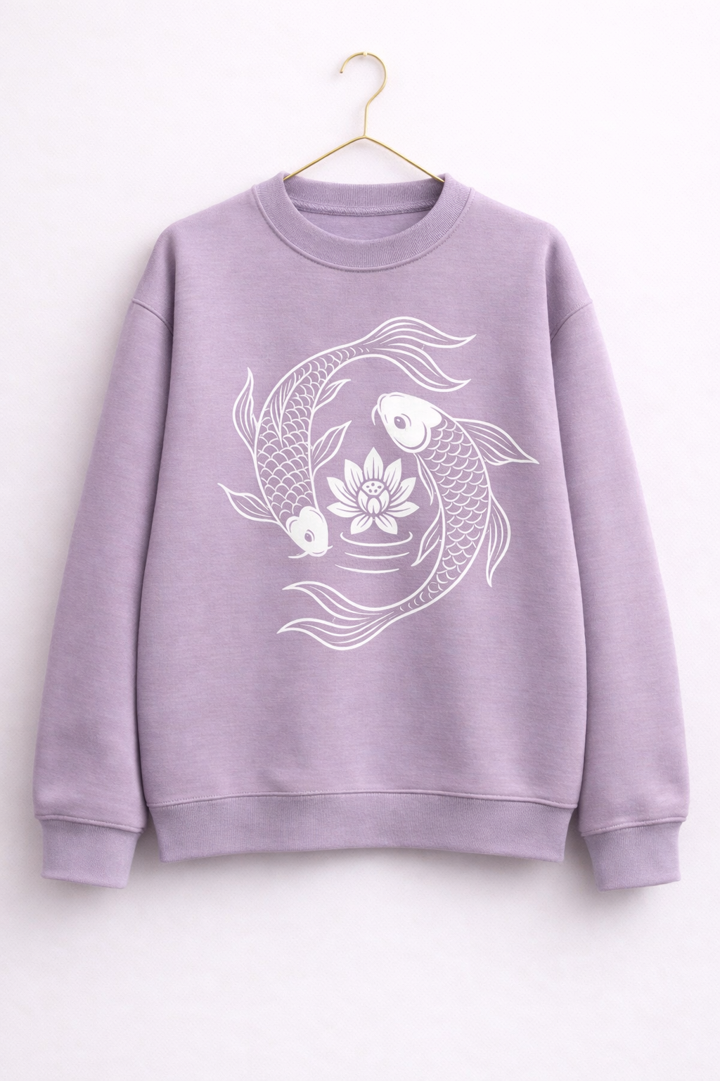 Lavender sweatshirt with white fish and lotus design on a white background