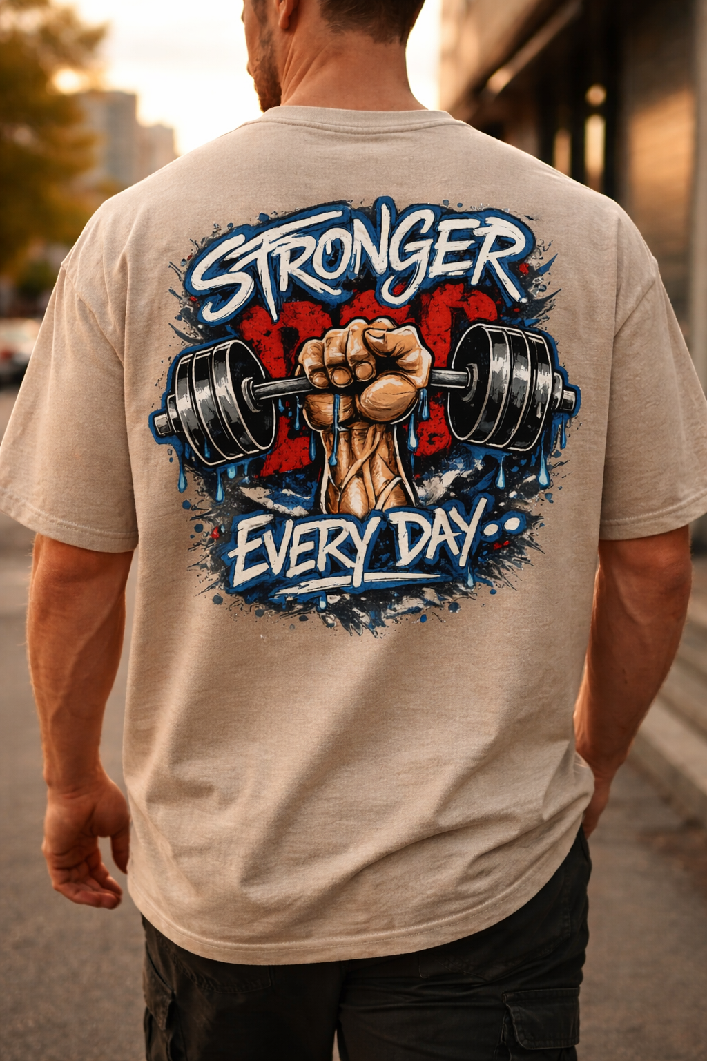 Person wearing a t-shirt with 'Stronger Every Day' graphic design.