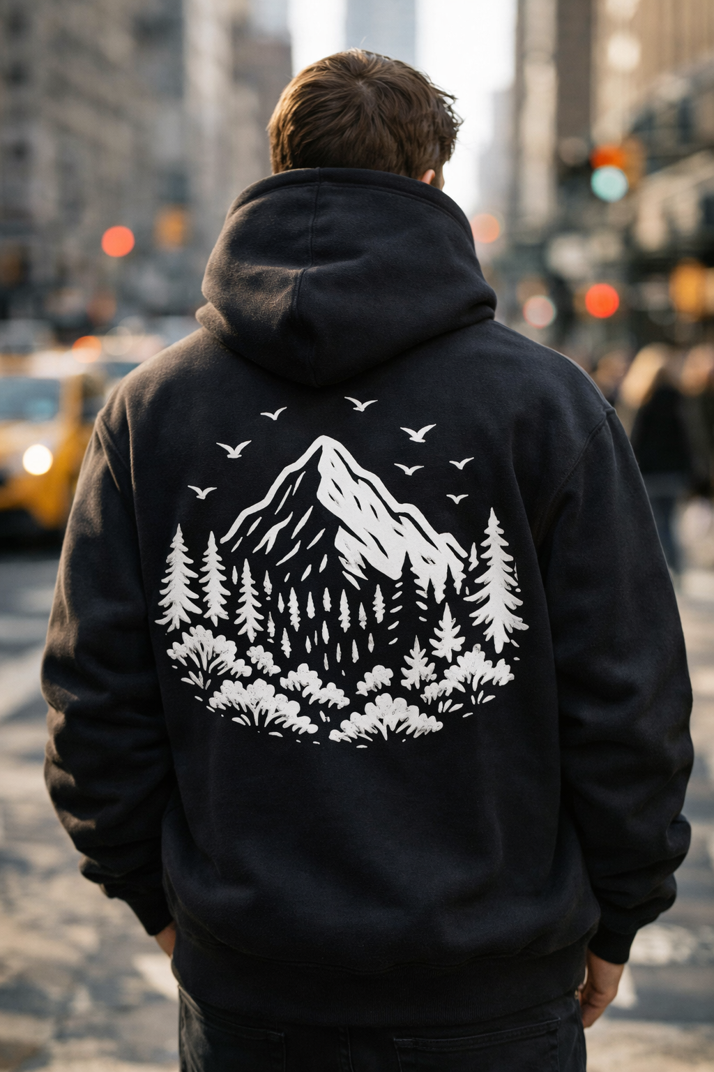 Person wearing a black hoodie with a mountain and forest design on the back, standing in an urban setting.