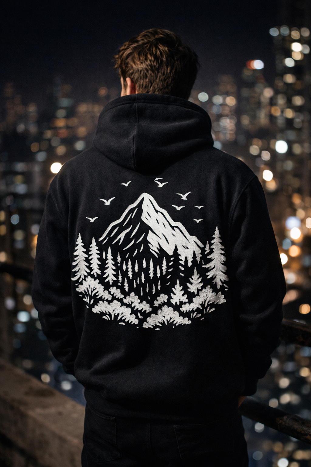 Person wearing a black hoodie with a mountain and tree design, standing against a cityscape at night.