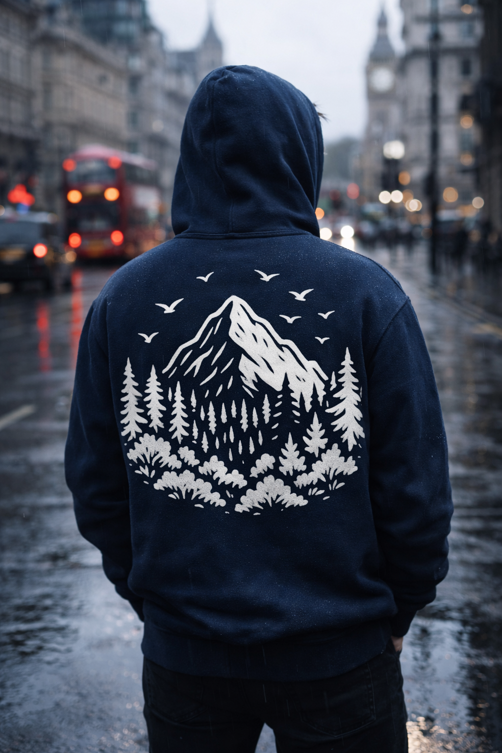 Person wearing a dark hoodie with a mountain and forest design on a city street.