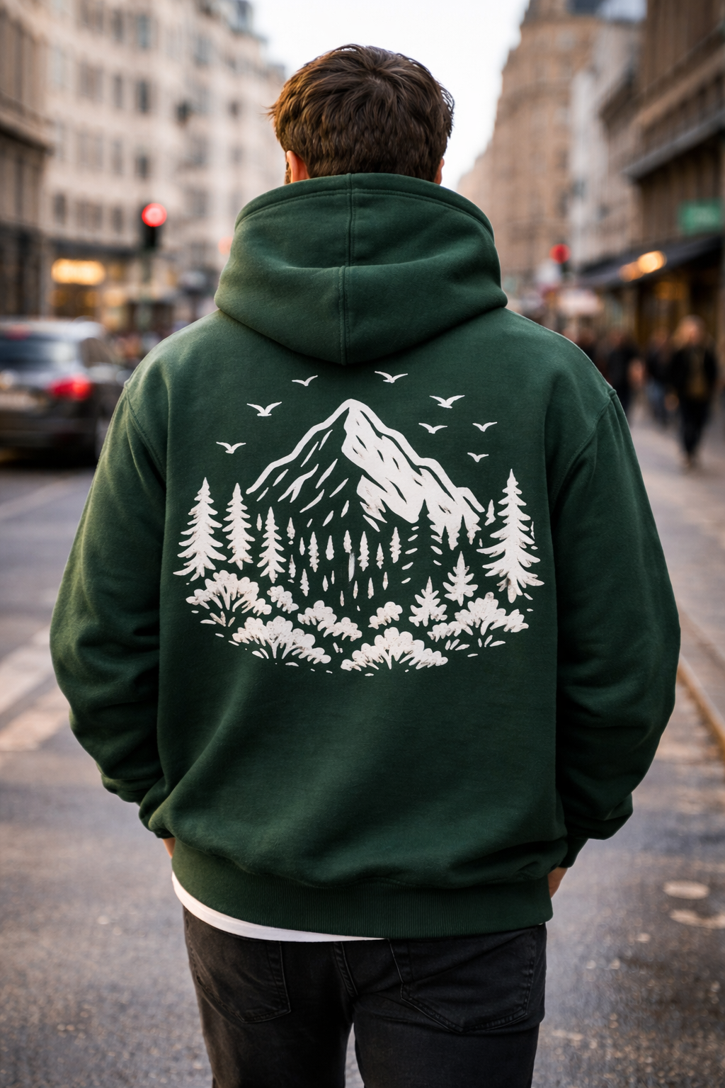 Person wearing a green hoodie with a mountain and tree design on the back, standing on a city street.