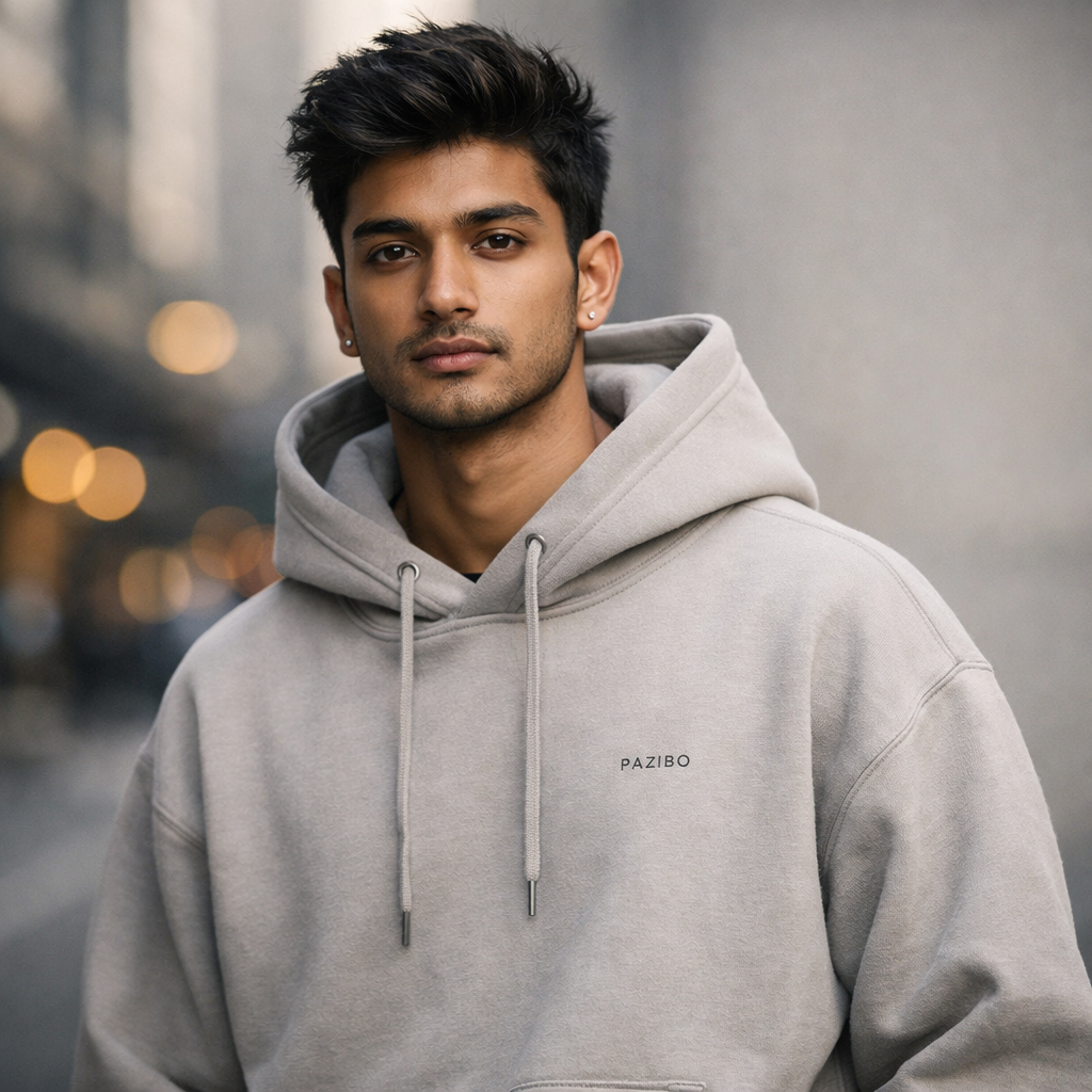 Man wearing a gray hoodie with 'PAZIBO' branding on a blurred city street background