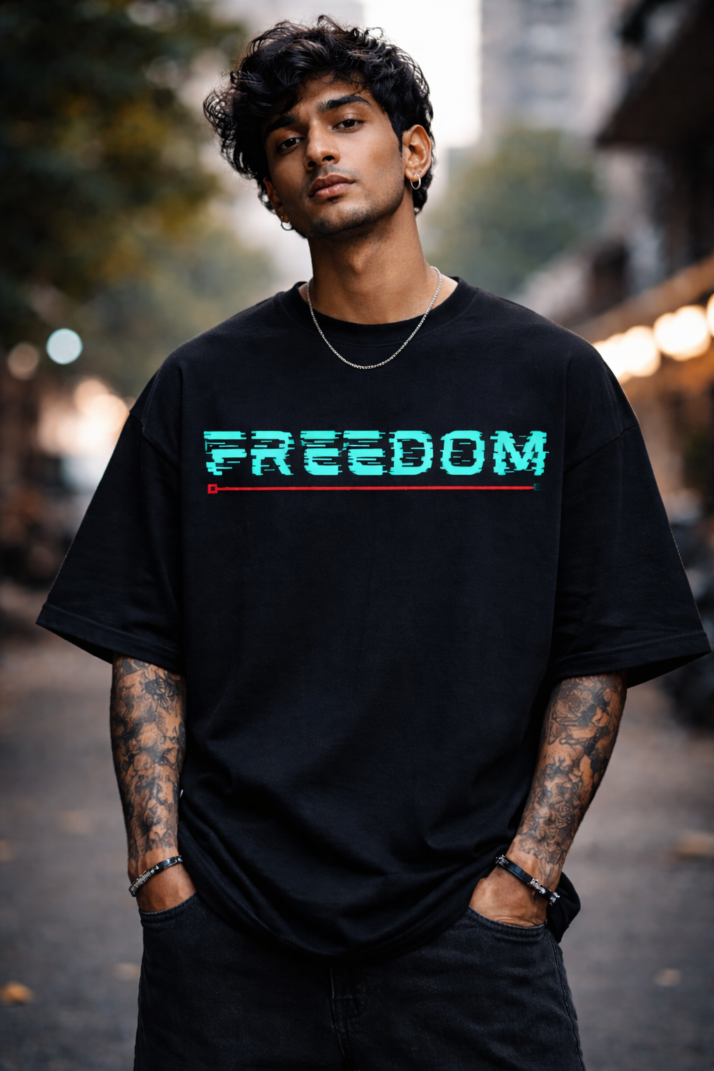 Man wearing a black t-shirt with 'FREEDOM' printed in colorful letters on a city street.