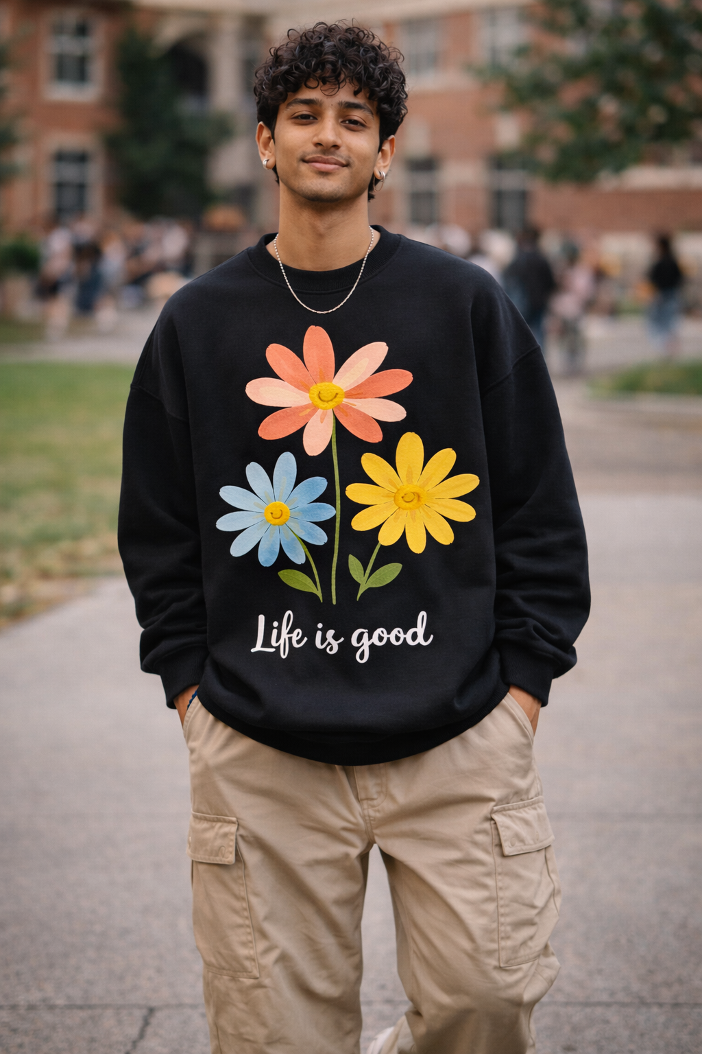 Person wearing a black sweatshirt with colorful flowers and 'Life is good' text, standing outdoors.