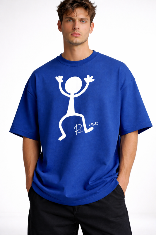 Man wearing a blue t-shirt with a white graphic design on a white background