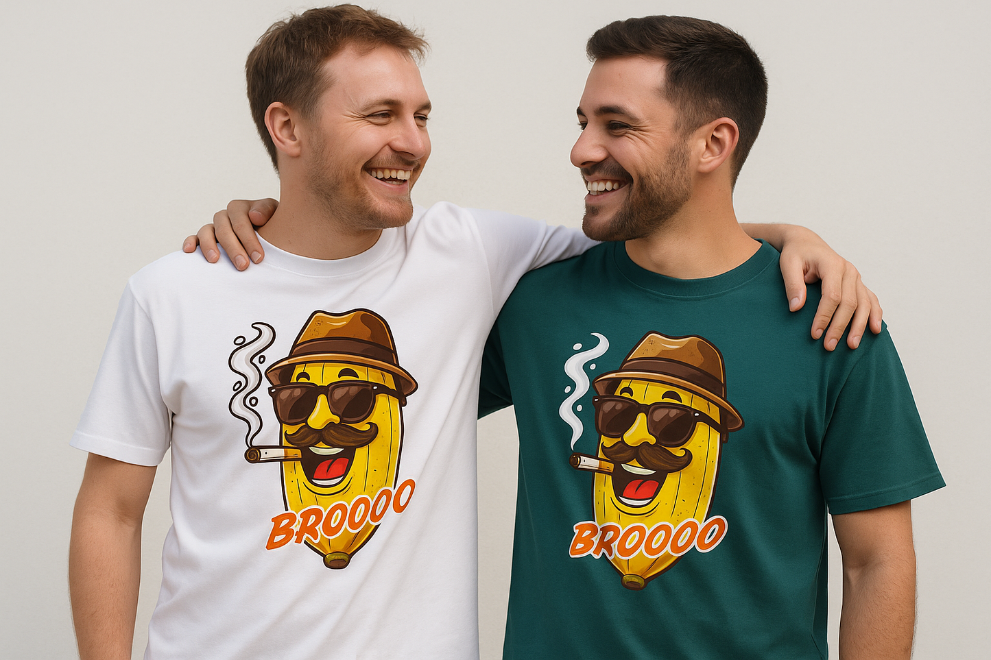 Two men wearing t-shirts with a banana character and 'BROOO' text on a plain background