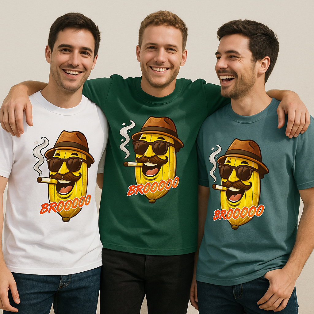 Three men wearing t-shirts with a banana character and 'BROOOO' text on a beige background.
